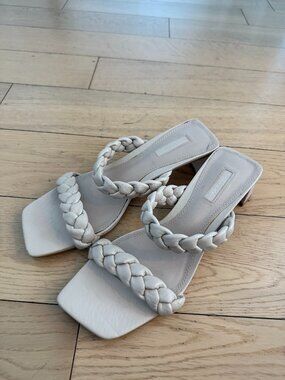 Topshop Braided Strap Heeled Sandals Cream Square Toe Size 39